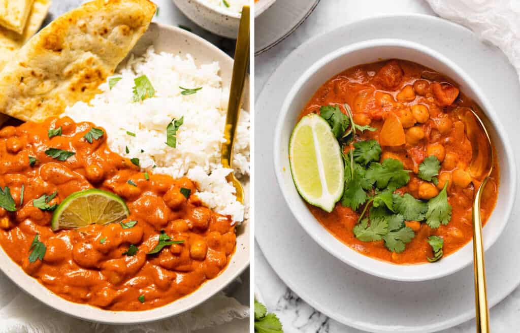 Top view of a couple of white bowls full of chickpeas and spicy tomato sauce.