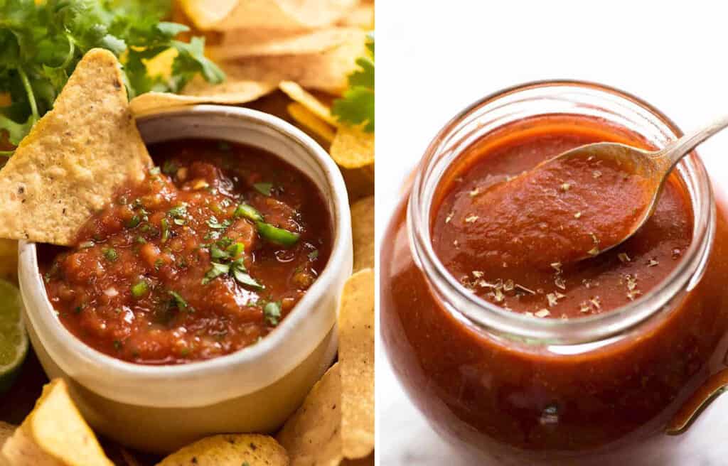 Two jars full of tomato salsa.