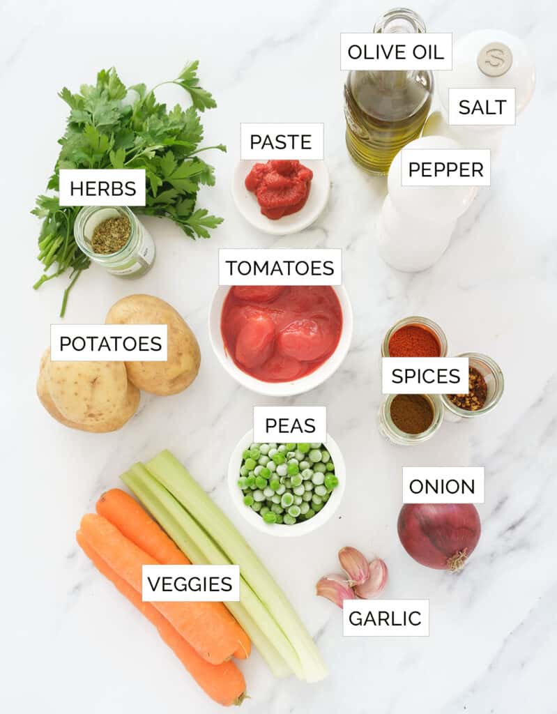 Top view of the ingredients to make this tomato stew with vegetables, spices and herbs.