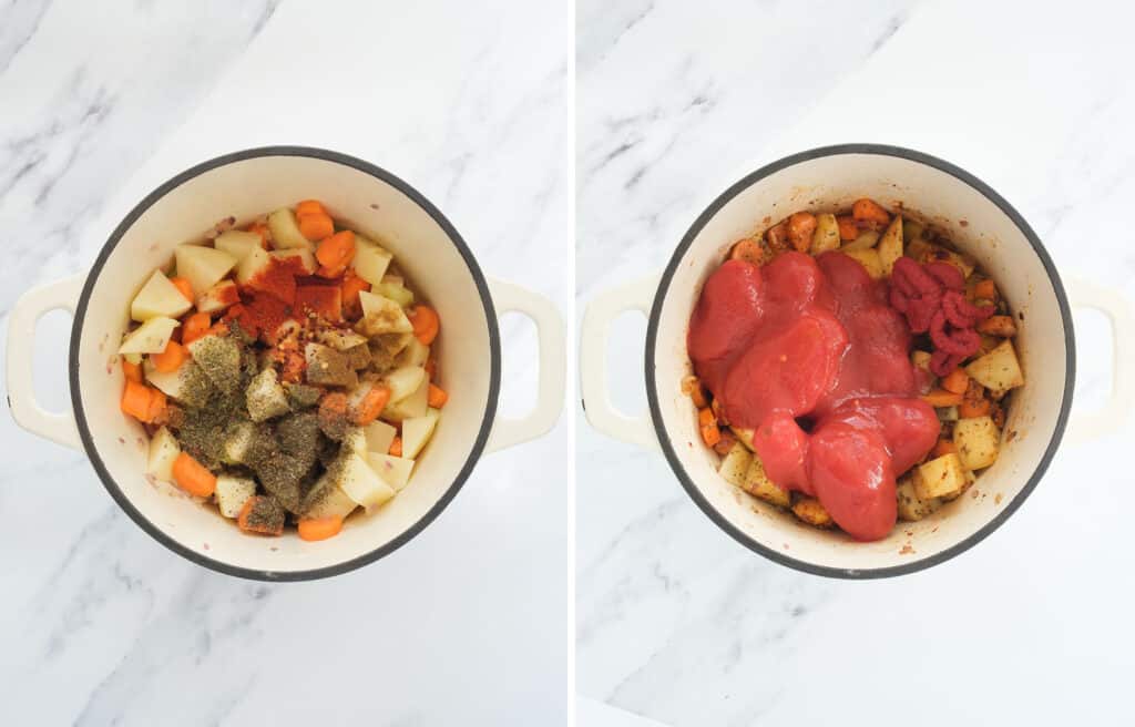 Top view of a white Dutch oven full of vegetables, diced potatoes and canned tomatoes.