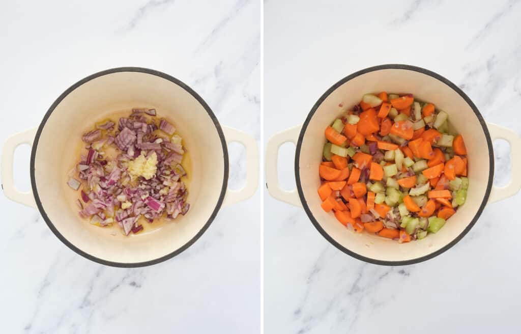 Top view of a white cast iron full of diced onion, carrots and celery.