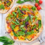 Top view of a colorful veggie pizza recipe.