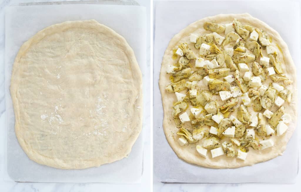Top view of a white pizza with artichokes before baking.