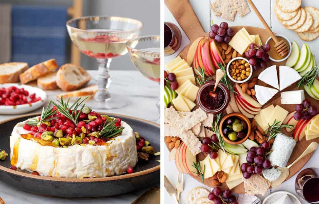 Two images showing baked brie topped with pomegranates and honey and a cheese platter full of cheese, nuts and fruit. Some of the best party food ideas!