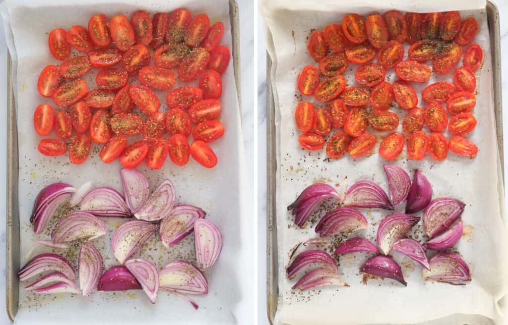 Top view of a baking sheet with parchment paper full of cherry tomatoes and red onion wedges.