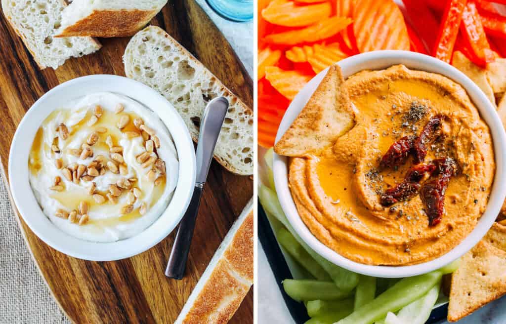 Two images showing a white bowl with cheese and honey spread and another white bowl with sundried tomato dip. 