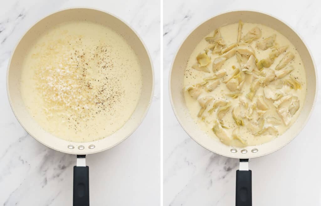 A white pan with cream, sliced artichokes, salt and pepper over a white background.