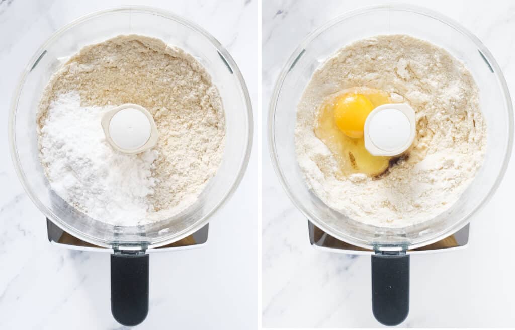 Top view of a food processor full of four, powdered sugar and one egg.