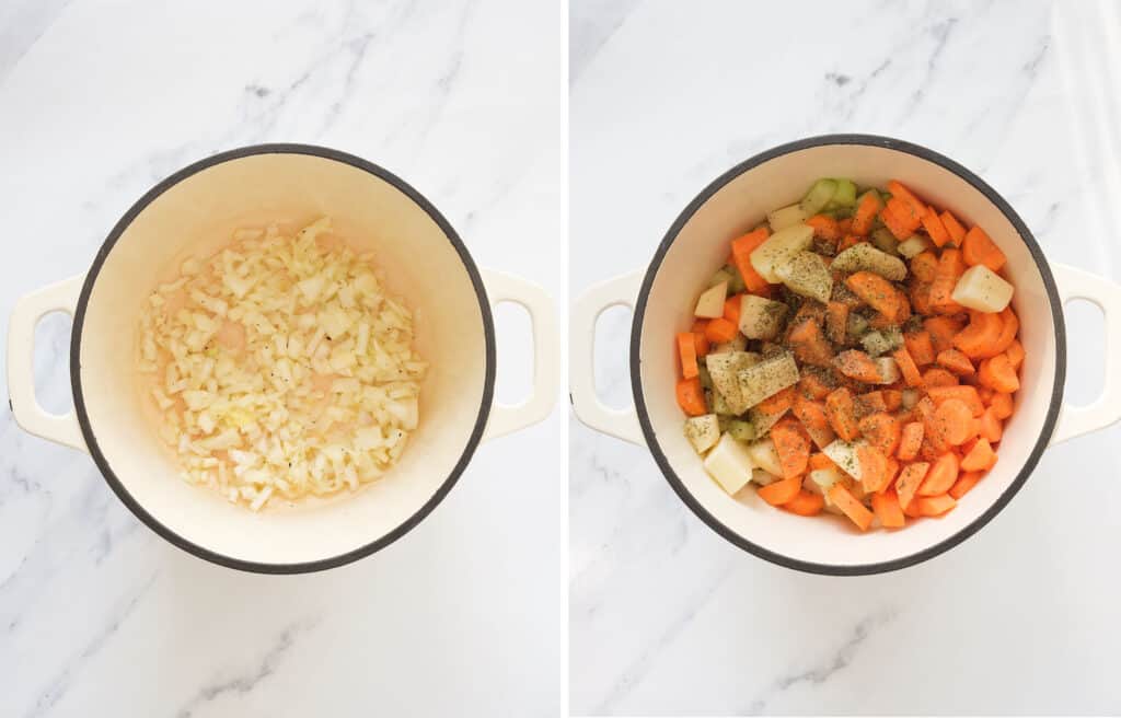 Top view of a white pot full of onion, carrots, potatoes and herbs.