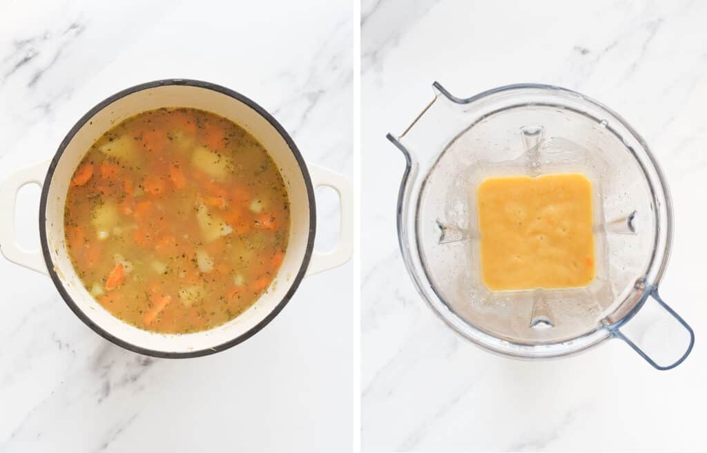 Top view of a white pot full of carrots, potatoes and broth before cooking and a blender with some blended carrot potato soup.