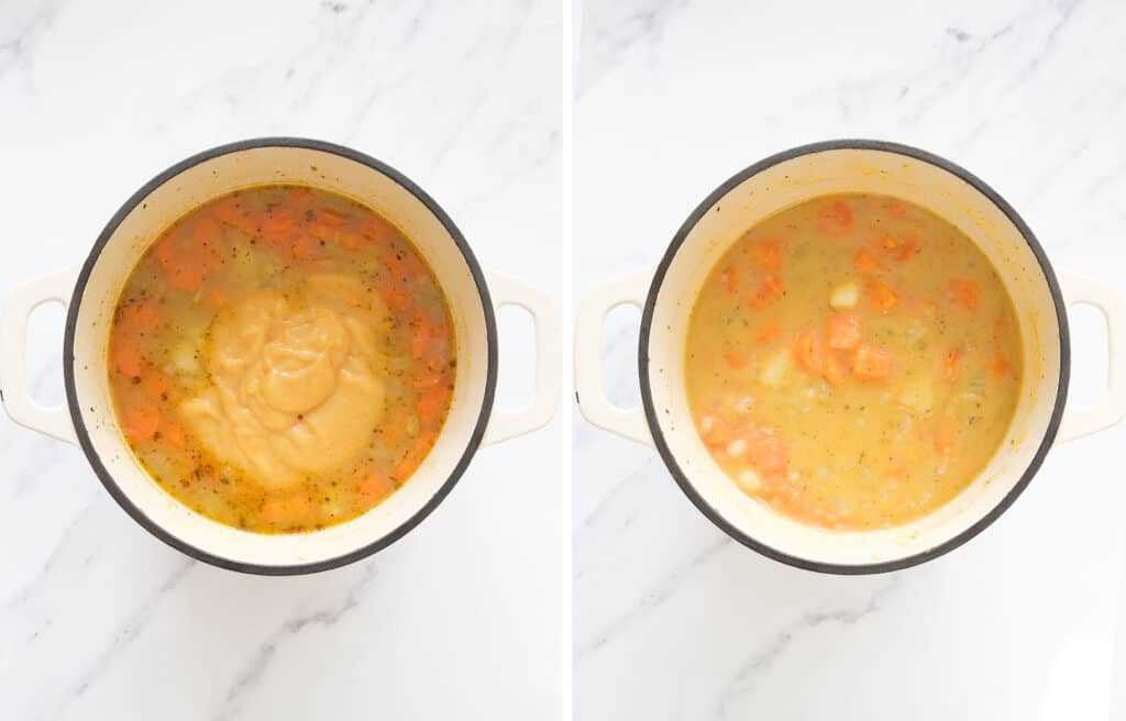 Top view of a white full of creamy and thick carrot potato soup ready to be served.