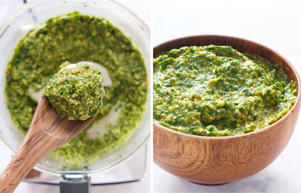 Close-up of some arugula pesto showing its coarse texture.