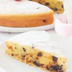 Close-up of a slice of cake with ricotta with chocolate chips.