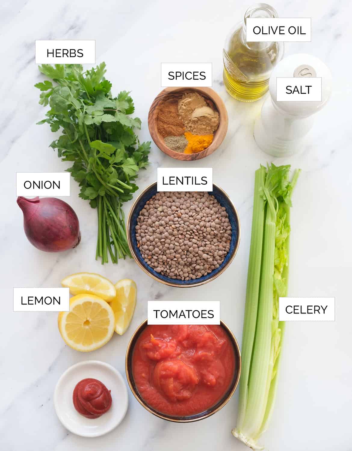 The ingredients to make this Mediterranean lentil soup are arranged over a white background.