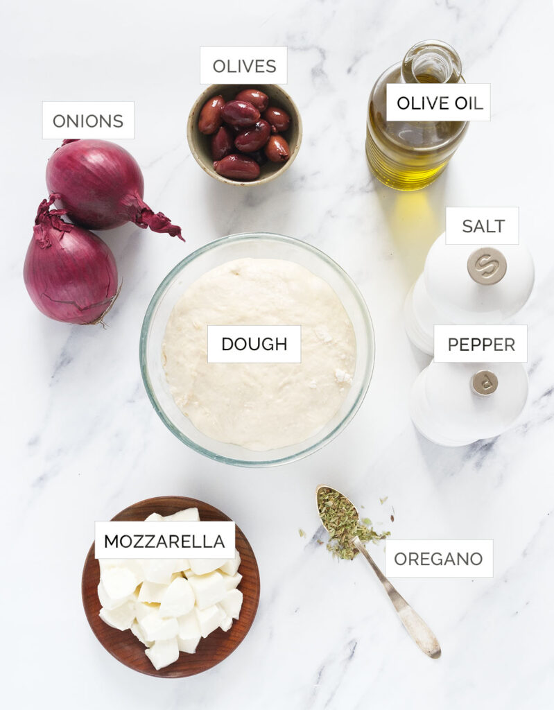 The ingredients to make this onion pizza are arranged over a white background.