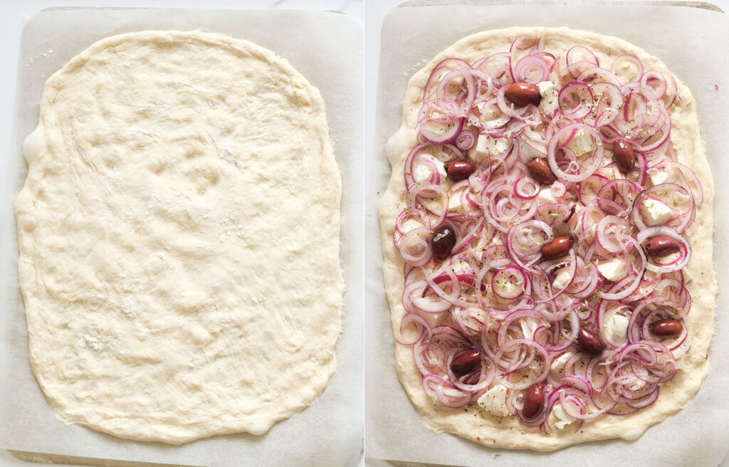 Top view of a large pizza with onions before baking.