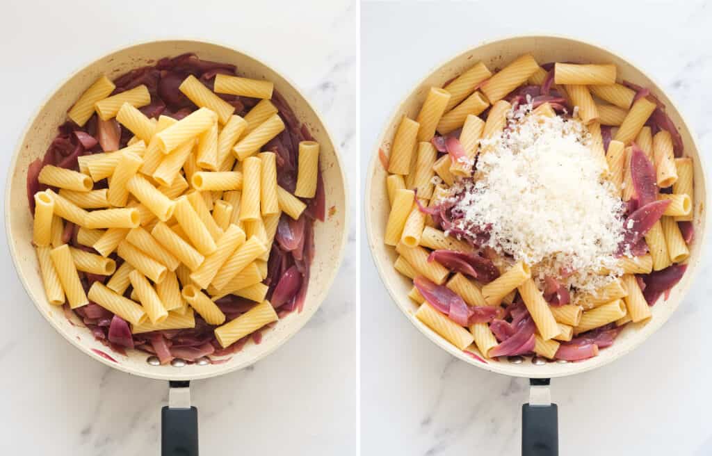 Top view of a pan with rigatoni pasta with caramelised onions and grated Parmesan cheese.