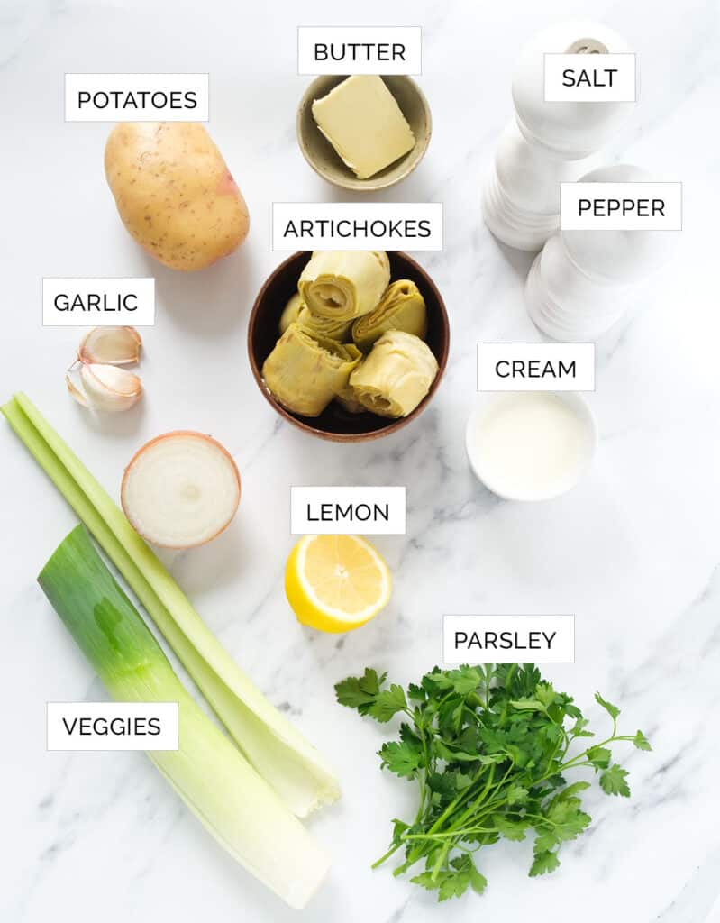 Top view of the ingredients to make a creamy artichoke soup.