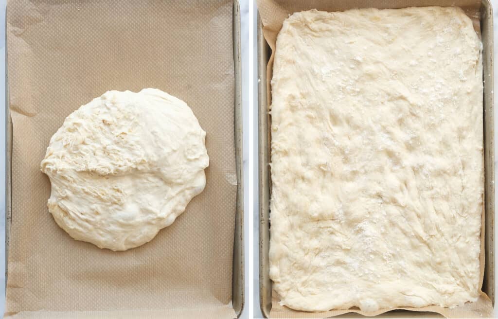 Top view of a baking tray with the focaccia dough.