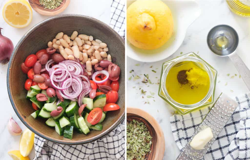 Top view of a brown bowl full of Mediterranean salad and a glass jam jar full of dressing.