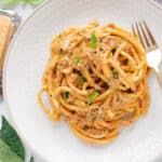 Top view of a white plate full of sun dried tomato pasta.