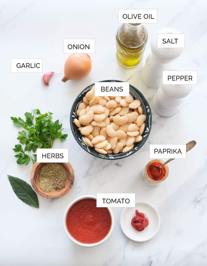 Then ingredients to make the lima bean soup are arranged over a white background.