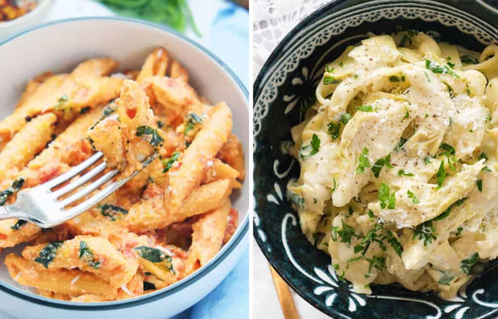 A bowl full of penne with tomato sauce and a dark bowl full of pasta with artichokes.