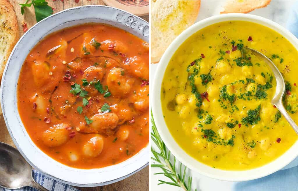 Top view of a bowl full of lima beans in tomato sauce and a white bowl full of yellow chickpea soup with squash.