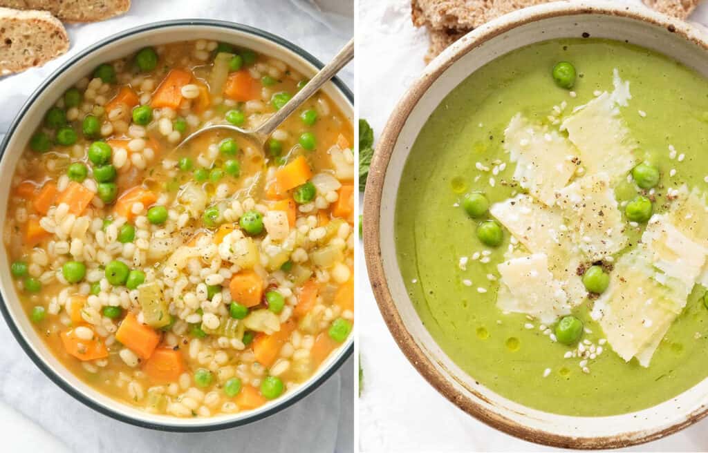 Top view of one bowl full of barley soup and one bowl full of creamy pea soup.