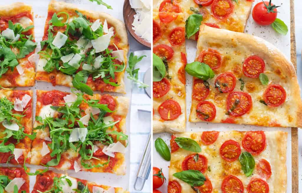 Top view of a pizza with fresh arugula and a large pizza with fresh cherry tomatoes.