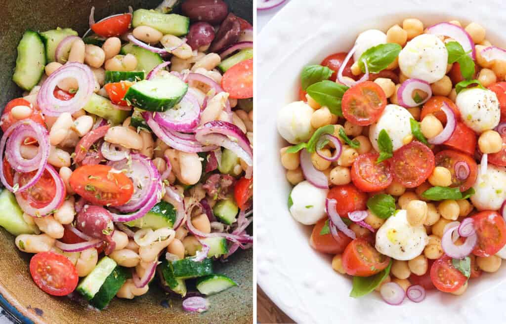 Top view of of bowl full of salad with beans, onions and cucumber and a white bowl full of chickpeas, mozzarella, tomatoes and basil.