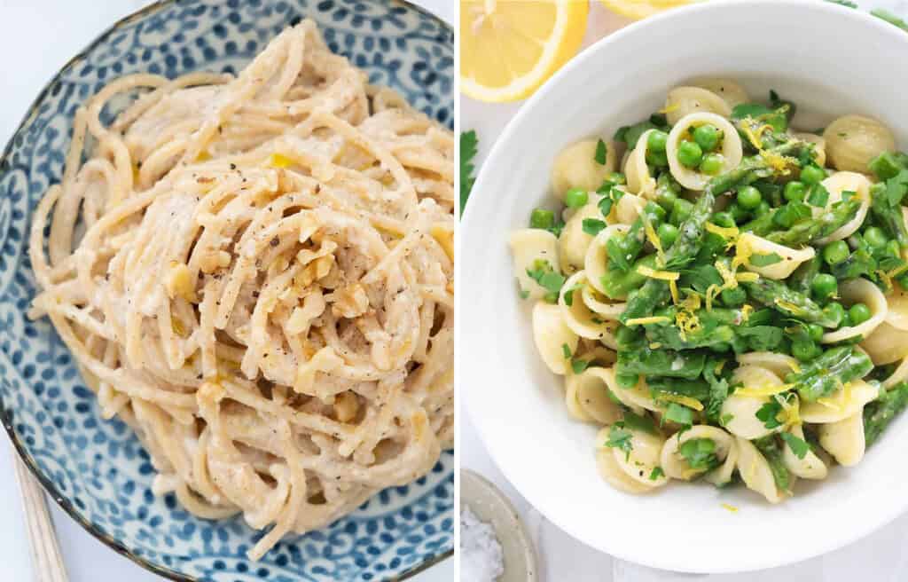 Top view of one plate full of spaghetti with walnut sauce and another plate full of pasta with peas and asparagus,