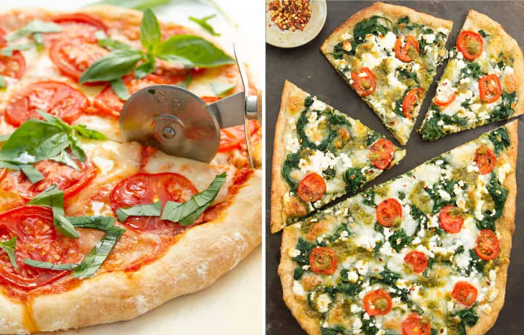 Clolse-up of a cypress pizza with mozzarella and fresh tomatoes and a spinach pizza over a black background.