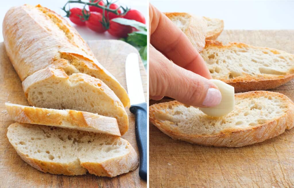 Crusty ciabatta bread cut into thick slices and rubbed with garlic.