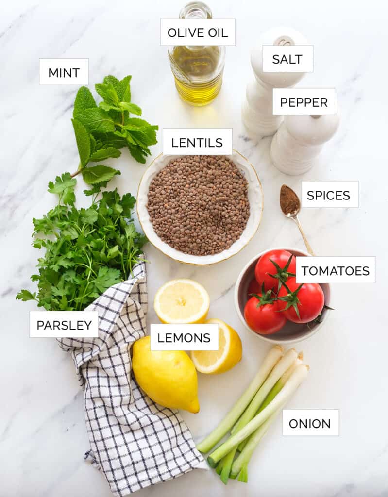 Top view of the ingredients to make lentil tabbouleh salad over a white background.