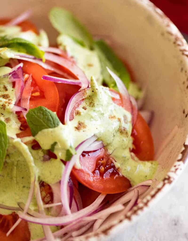 Close-up of a salad made with tomatoes, onions, and mint salsa.