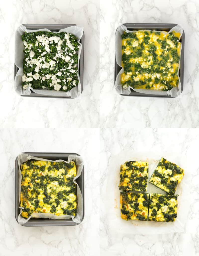 Top view of a squared pan containing the ingredients to make spinach frittata and showing four different steps of the recipe.