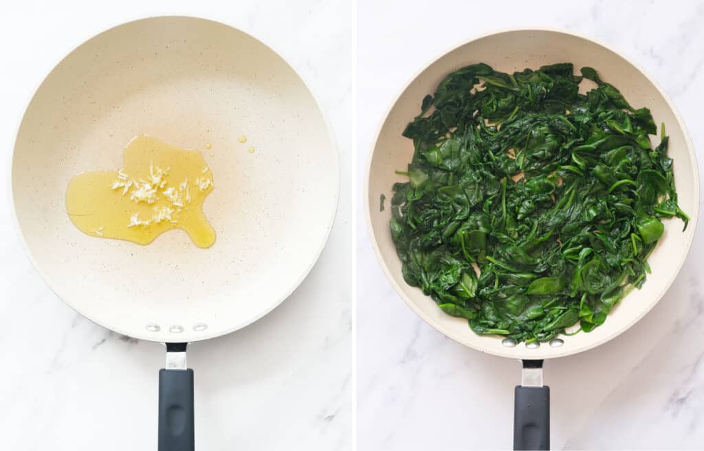 Top view of a white pan with olive oil, garlic and wilted spinach.