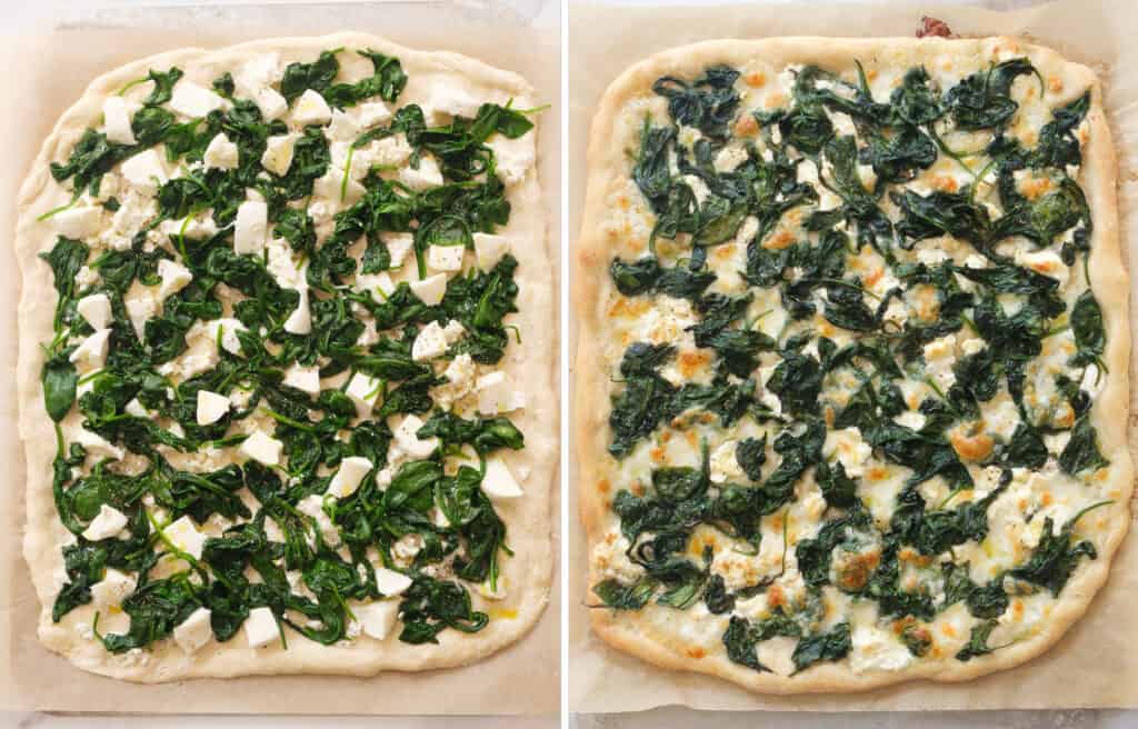 Top view of large pizza with spinach before and after baking.