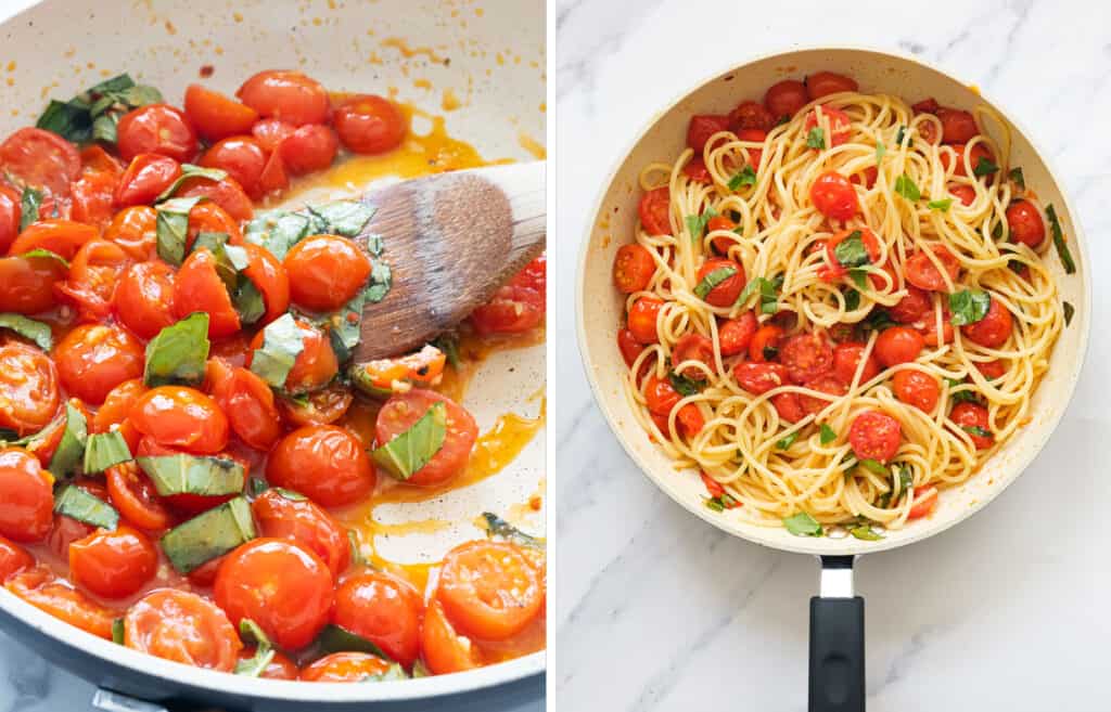 The tomato basil pasta is tossed in a large skillet until well combined.