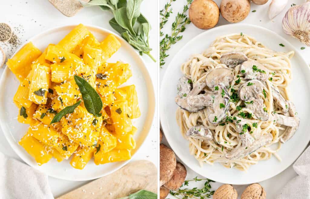 Top view of two vegan pasta recipes, one featuring butternut squash and the other featuring creamy mushrooms.