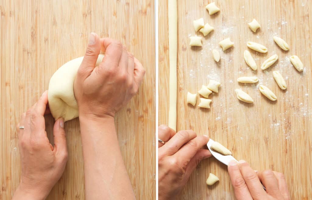 Two images showing how to knead and shape fresh cavatelli on a wooden board.