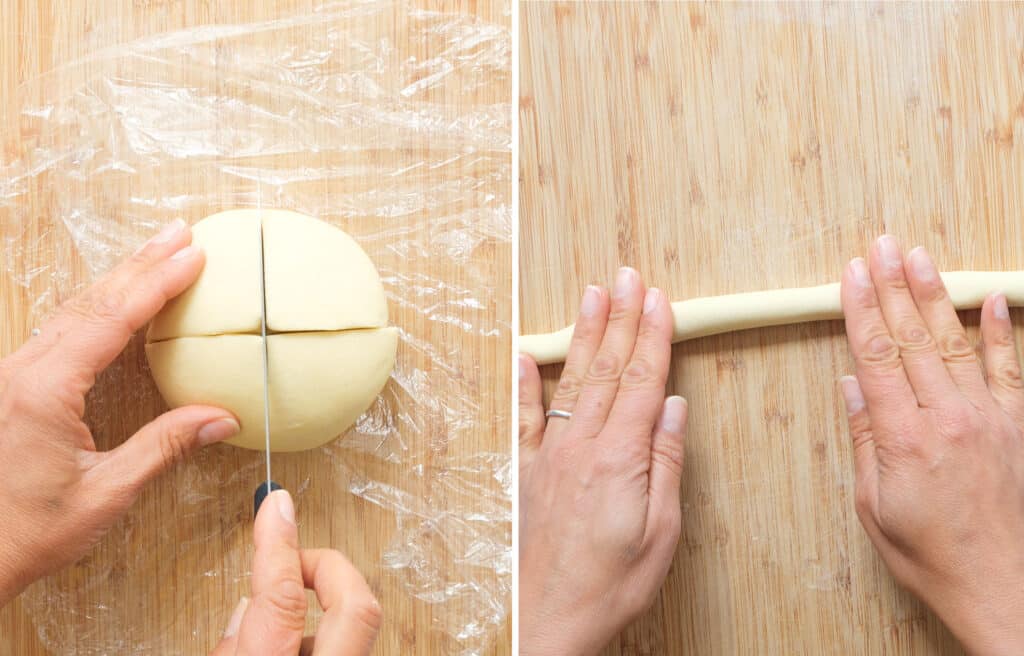 Top view of two hands cutting the dough into 4 portions and rolling out one of them.