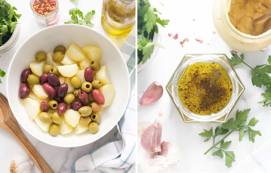 Two images showing a white bowl full of boiled potatoes, olives, and the top view of glass jar full of salad dressing.