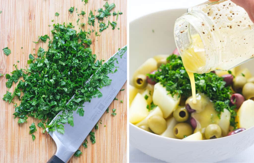 Two images showing a wooden board with chopped parsley and a close-up of a jar pouring the dressing over the salad with olives.
