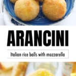 A blue ball full of fried Italian rice balls called arancini.