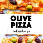 Close-up of crispy olive pizza.