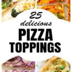 Four different images showing pizza toppings.