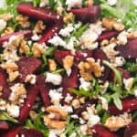 Top view of this beet salad recipe with arugula and feta.