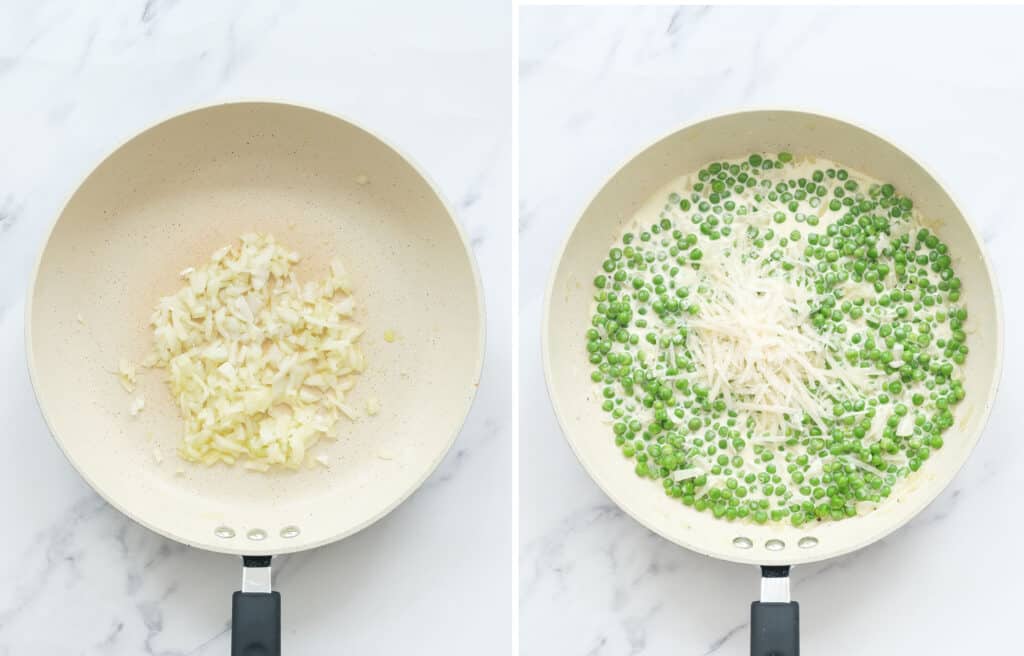 Top view of a white pan with peas and creamy sauce.